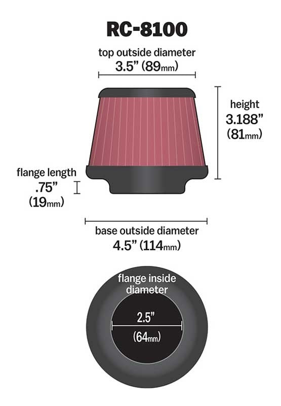 K&N Engineering K&N Universal Clamp-On Air Filter 2-1/2in FLG / 4-1/2in B / 3-1/2in T / 3-3/16in H RC-8100
