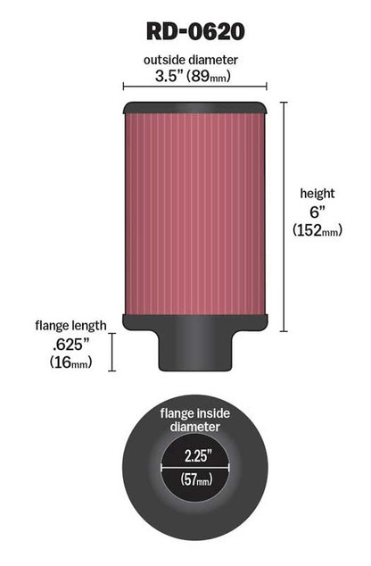 K&N Engineering K&N Filter Universal X Stream Clamp-On 2-1/4in Flange 3-1/2in OD 6in Height RD-0620