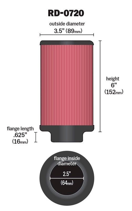 K&N Engineering K&N Universal Rubber Filter 2.5in Flange ID x 3.5in OD x 6in Height RD-0720