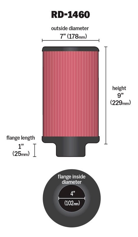 K&N Engineering K&N Universal Air Filter 4in Flange ID 7in OD 9in Height RD-1460