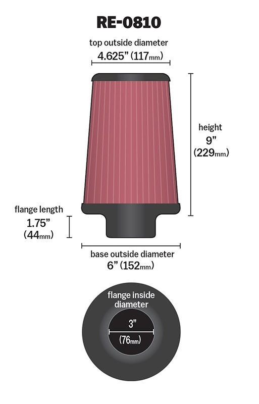 K&N Engineering K&N Universal Rubber Filter 3inch FLG / 6inch OD-B / 4-5/8inch OD-T / 9inch L RE-0810