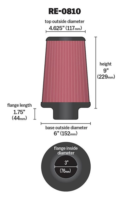 K&N Engineering K&N Universal Rubber Filter 3inch FLG / 6inch OD-B / 4-5/8inch OD-T / 9inch L RE-0810