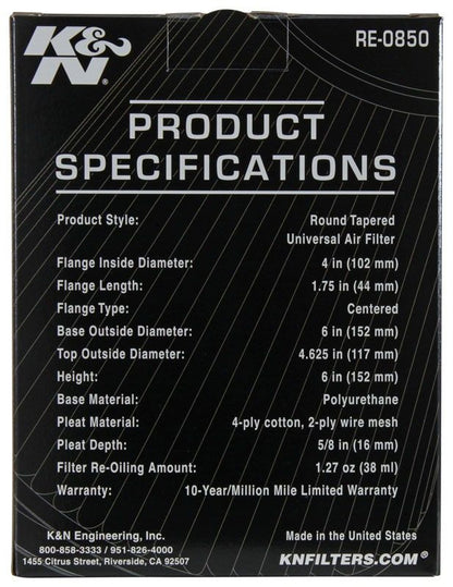 K&N Engineering K&N Universal Air Filter (4in. Flange / 6in. Base OD / 4-5/8in. Top OD / 6in. Height) RE-0850