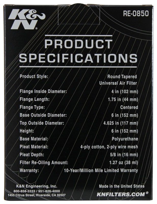 K&N Engineering K&N Universal Air Filter (4in. Flange / 6in. Base OD / 4-5/8in. Top OD / 6in. Height) RE-0850