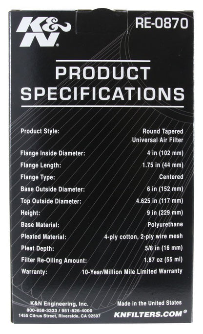 K&N Engineering K&N Universal Rubber Filter 4inch FLG / 6inch OD-B / 4-5/8inch OD-T / 9inch H RE-0870