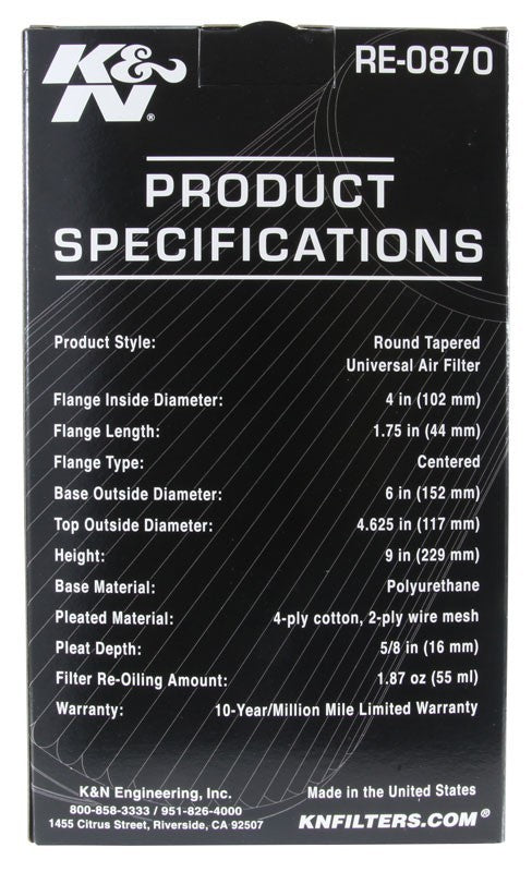 K&N Engineering K&N Universal Rubber Filter 4inch FLG / 6inch OD-B / 4-5/8inch OD-T / 9inch H RE-0870