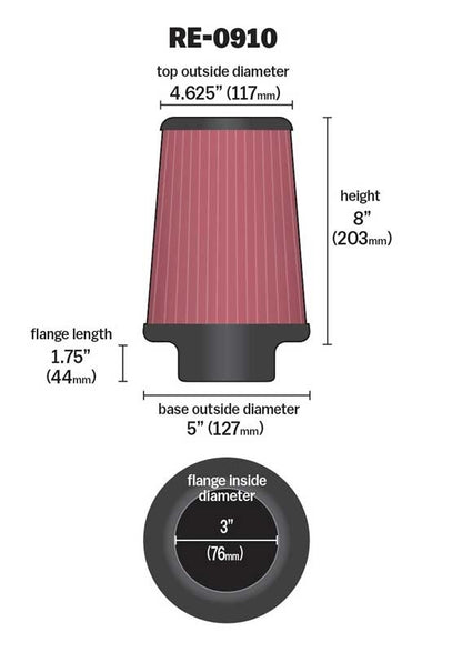 K&N Engineering K&N Universal Rubber Filter 3inch FLG / 5inch OD-B / 4-5/8inch OD-T / 8inch H RE-0910
