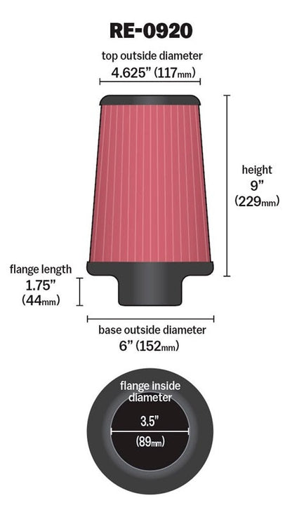 K&N Engineering K&N Universal Rubber Filter 3 1/2inch ID FLG / 6inch Base / 4-5/8inch Top / 9inch Height RE-0920