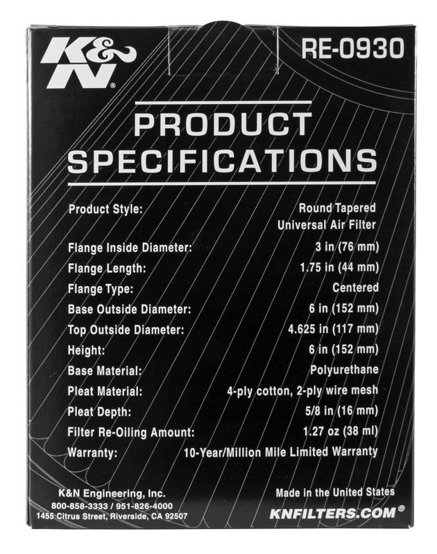 K&N Engineering K&N Universal Rubber Filter - Round Tapered 6in Base OD x 3in Flange ID x 6in H RE-0930