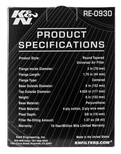 K&N Engineering K&N Universal Rubber Filter - Round Tapered 6in Base OD x 3in Flange ID x 6in H RE-0930