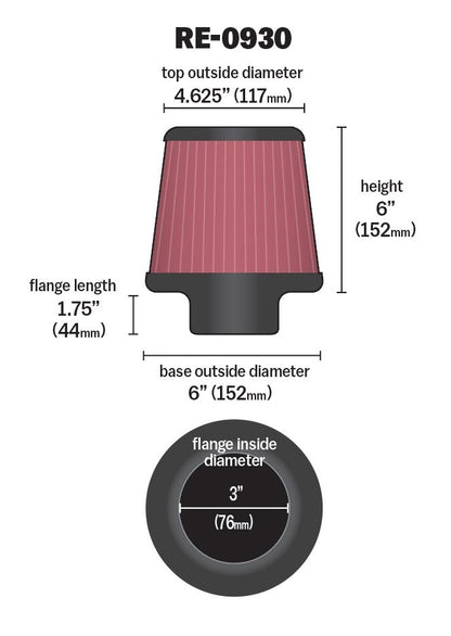 K&N Engineering K&N Universal Rubber Filter - Round Tapered 6in Base OD x 3in Flange ID x 6in H RE-0930