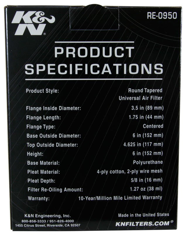 K&N Engineering K&N Universal Rubber Filter 3 1/2inch ID FLG / 6inch Base / 4-5/8inch Top / 6inch Height RE-0950