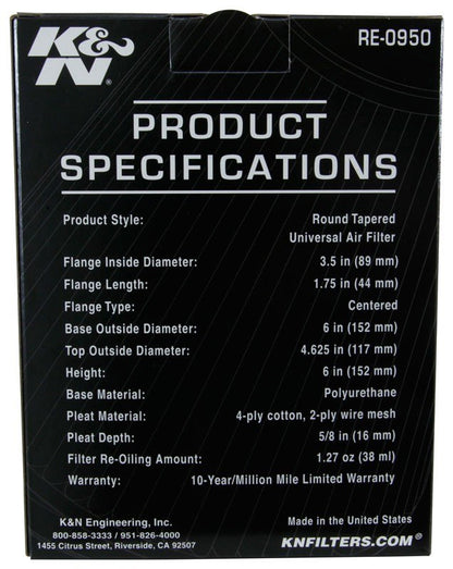 K&N Engineering K&N Universal Rubber Filter 3 1/2inch ID FLG / 6inch Base / 4-5/8inch Top / 6inch Height RE-0950