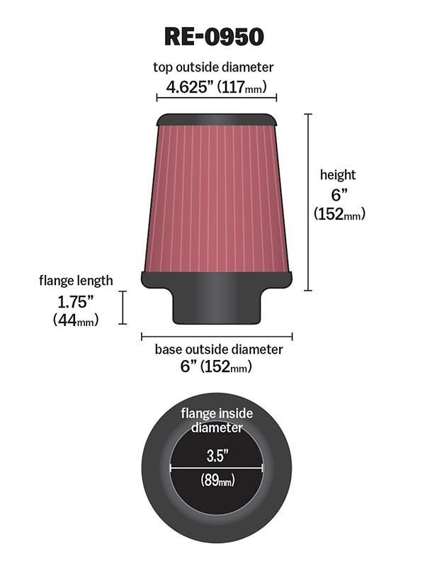 K&N Engineering K&N Universal Rubber Filter 3 1/2inch ID FLG / 6inch Base / 4-5/8inch Top / 6inch Height RE-0950