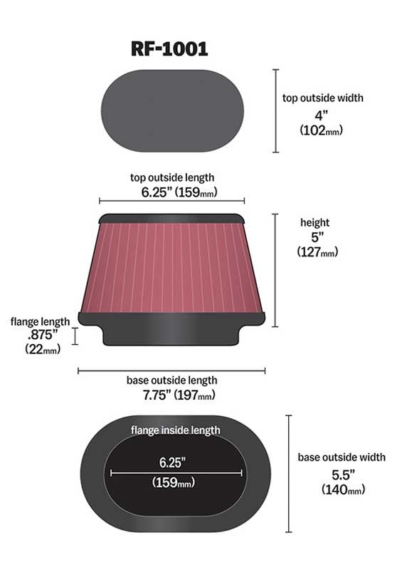 K&N Engineering K&N Universal Air Filter Oval Straight 5in H / Base 5.5in x 7.75in / Top 6.25in x 4in - Metal Top RF-1001