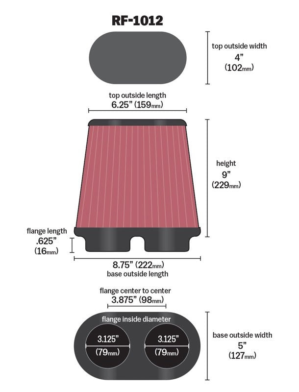 K&N Engineering K&N Universal Air Filter 3.125in Flange ID x 5in Base O/S Width x 4in Top O/S Width x 9in H RF-1012