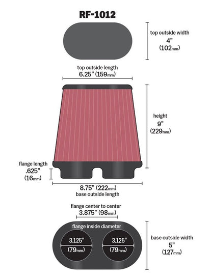 K&N Engineering K&N Universal Air Filter 3.125in Flange ID x 5in Base O/S Width x 4in Top O/S Width x 9in H RF-1012