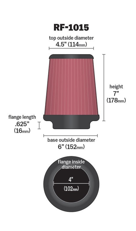 K&N Engineering K&N 6 inch OD-Base 4 1/2 inch OD-Top 7 Inch H Round Tapered Universal Air Filter RF-1015