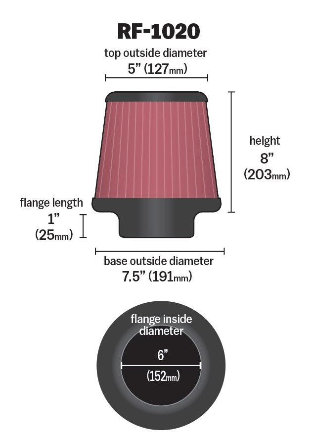 K&N Engineering K&N Universal Air Filter 6in Flange ID x 7.5in Base / 5in OD Top x 8in H RF-1020