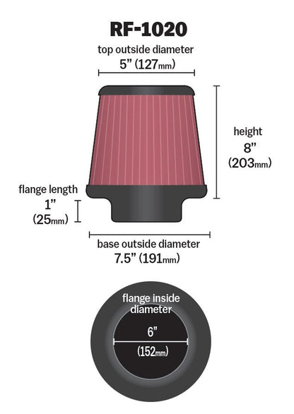 K&N Engineering K&N Universal Air Filter 6in Flange ID x 7.5in Base / 5in OD Top x 8in H RF-1020