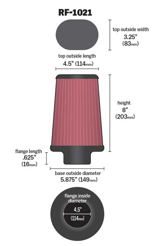 K&N Engineering K&N Universal Oval Tprd Filter-4.5in Flg ID/5.875in Base OS L/5.875in B OS W/4.5in T OS L/3.25in T RF-1021