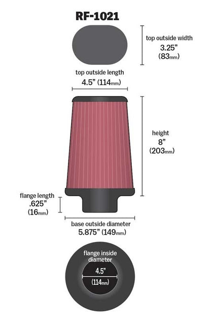 K&N Engineering K&N Universal Oval Tprd Filter-4.5in Flg ID/5.875in Base OS L/5.875in B OS W/4.5in T OS L/3.25in T RF-1021