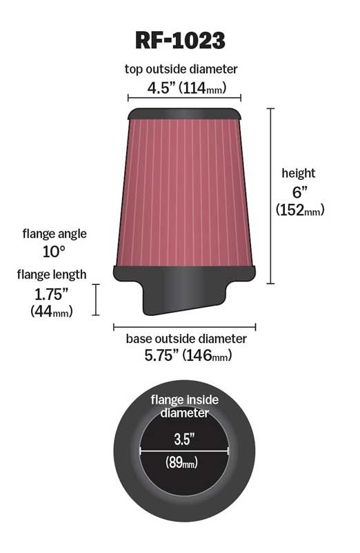 K&N Engineering K&N Univ. Round Tapered Clamp-On Air Filter 3-1/2in 10 Deg. Flange / 5-3/4in B / 4-1/2in T / 6in H RF-1023
