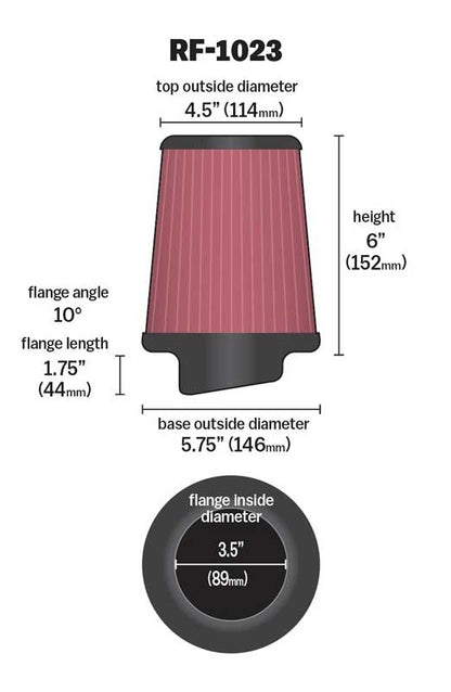K&N Engineering K&N Univ. Round Tapered Clamp-On Air Filter 3-1/2in 10 Deg. Flange / 5-3/4in B / 4-1/2in T / 6in H RF-1023