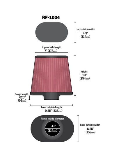 K&N Engineering K&N Universal Air Filter - Oval Tapered 4.5in Flange ID x 9.25in Base O/S L x 7in Top O/S L x 10in H RF-1024