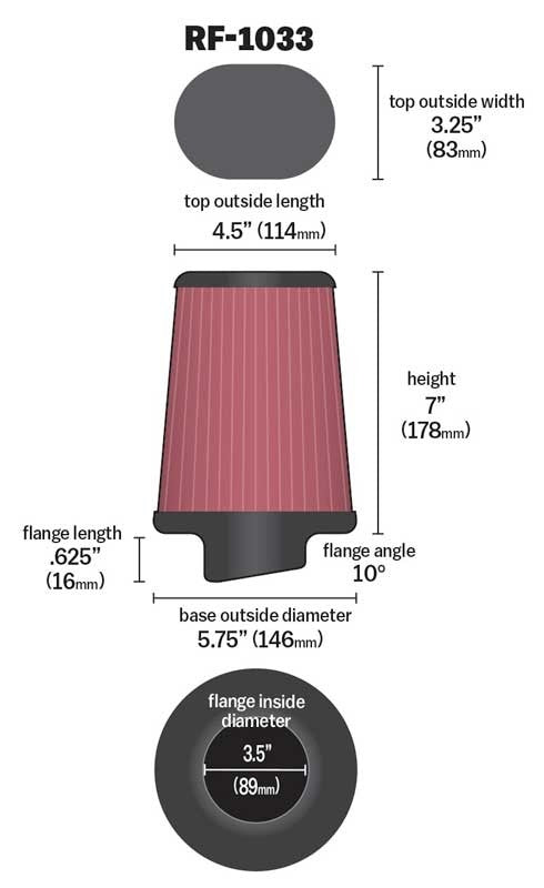 K&N Engineering K&N Uni Oval Tapered Air Filter 3.5in 10 Deg. Flg / 3.25in T OW / 4.5in T OL / 5.75in B / 7in H RF-1033