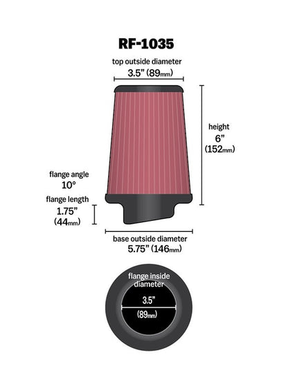 K&N Engineering K&N Round Tapered Universal Air Filter 3.5in Flange ID / 5.75in Base OD / 3.5in Top OD / 6in Height RF-1035