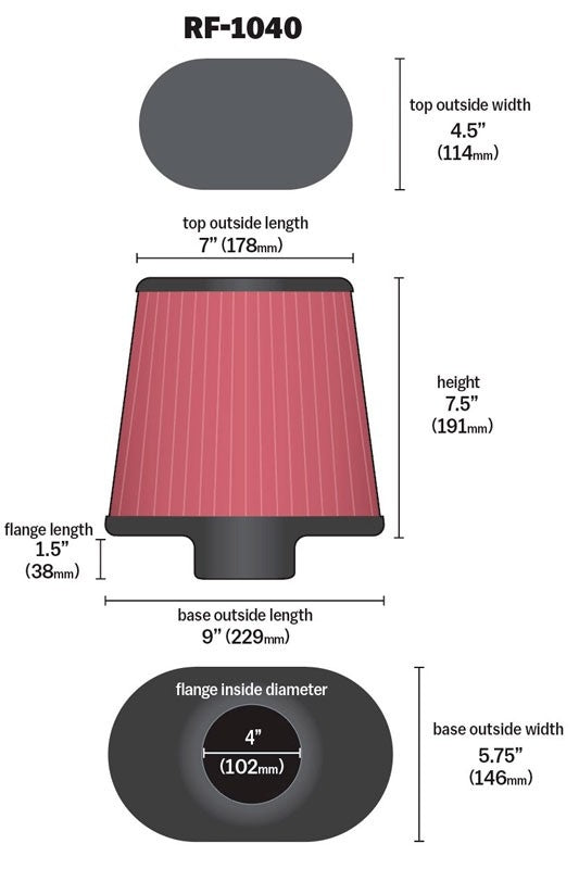 K&N Engineering K&N Round Tapered Universal Air Filter 4 inch Flange 9x5.75in B / 7x4.5in T /  7.5in H RF-1040