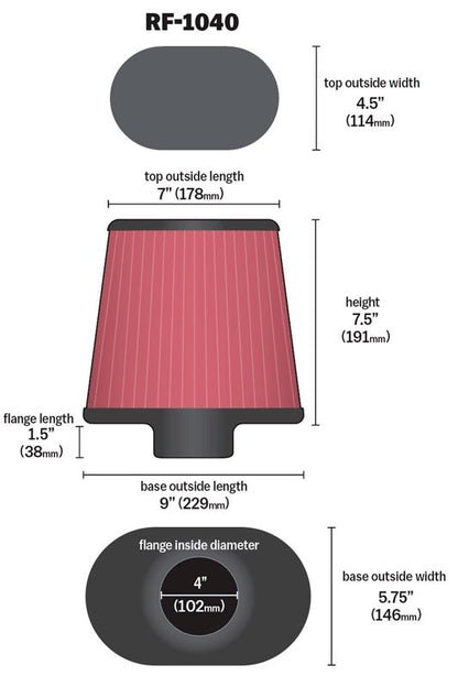 K&N Engineering K&N Round Tapered Universal Air Filter 4 inch Flange 9x5.75in B / 7x4.5in T /  7.5in H RF-1040