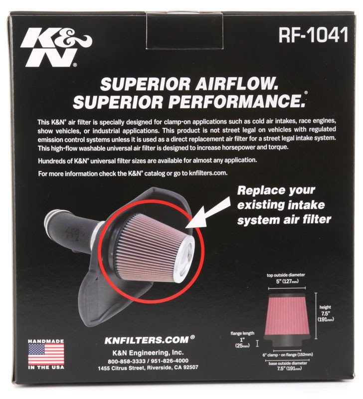 K&N Engineering K&N Round Tapered Universal Air Filter 6 inch Flange 7 1/2 inch Base 5 inch Top 7 1/2 inch Height RF-1041