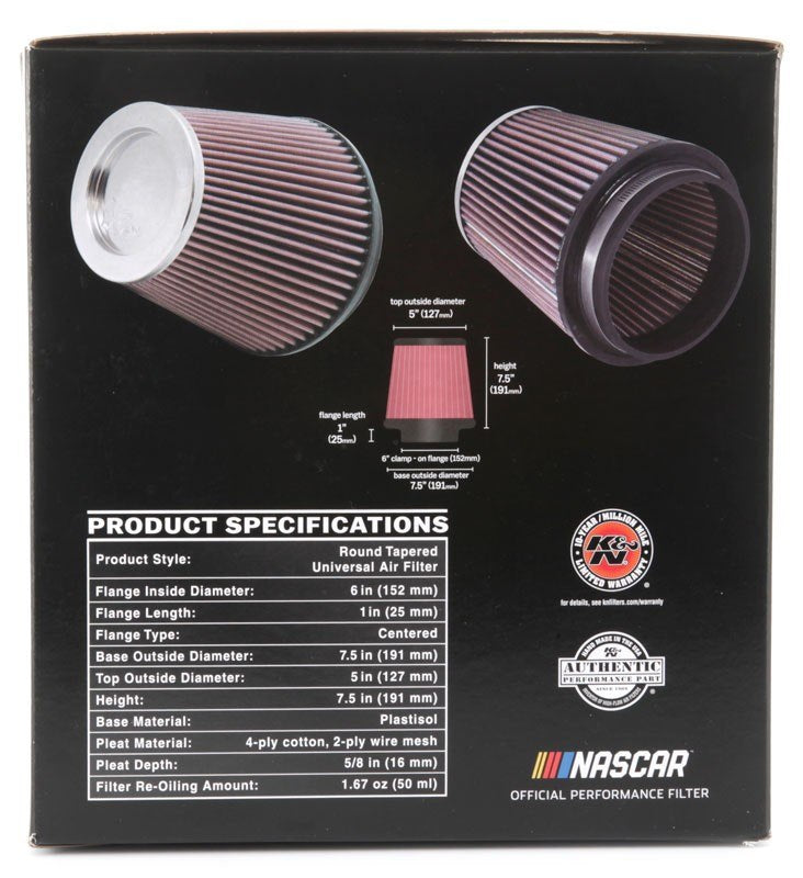 K&N Engineering K&N Round Tapered Universal Air Filter 6 inch Flange 7 1/2 inch Base 5 inch Top 7 1/2 inch Height RF-1041