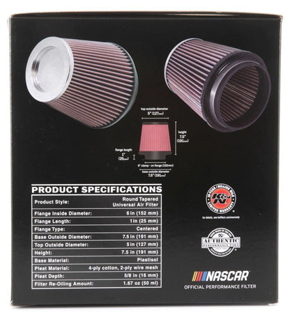 K&N Engineering K&N Round Tapered Universal Air Filter 6 inch Flange 7 1/2 inch Base 5 inch Top 7 1/2 inch Height RF-1041