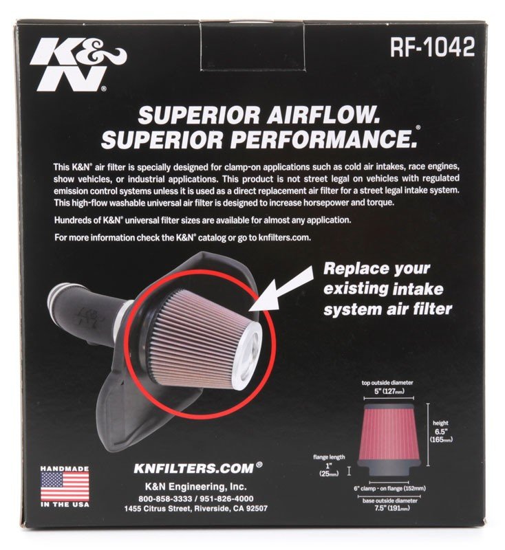 K&N Engineering K&N Round Tapered Universal Air Filter 6in Flange ID x 7.5in Base OD x 5in Top OD x 6.5in Height RF-1042