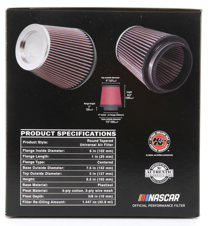 K&N Engineering K&N Round Tapered Universal Air Filter 6in Flange ID x 7.5in Base OD x 5in Top OD x 6.5in Height RF-1042
