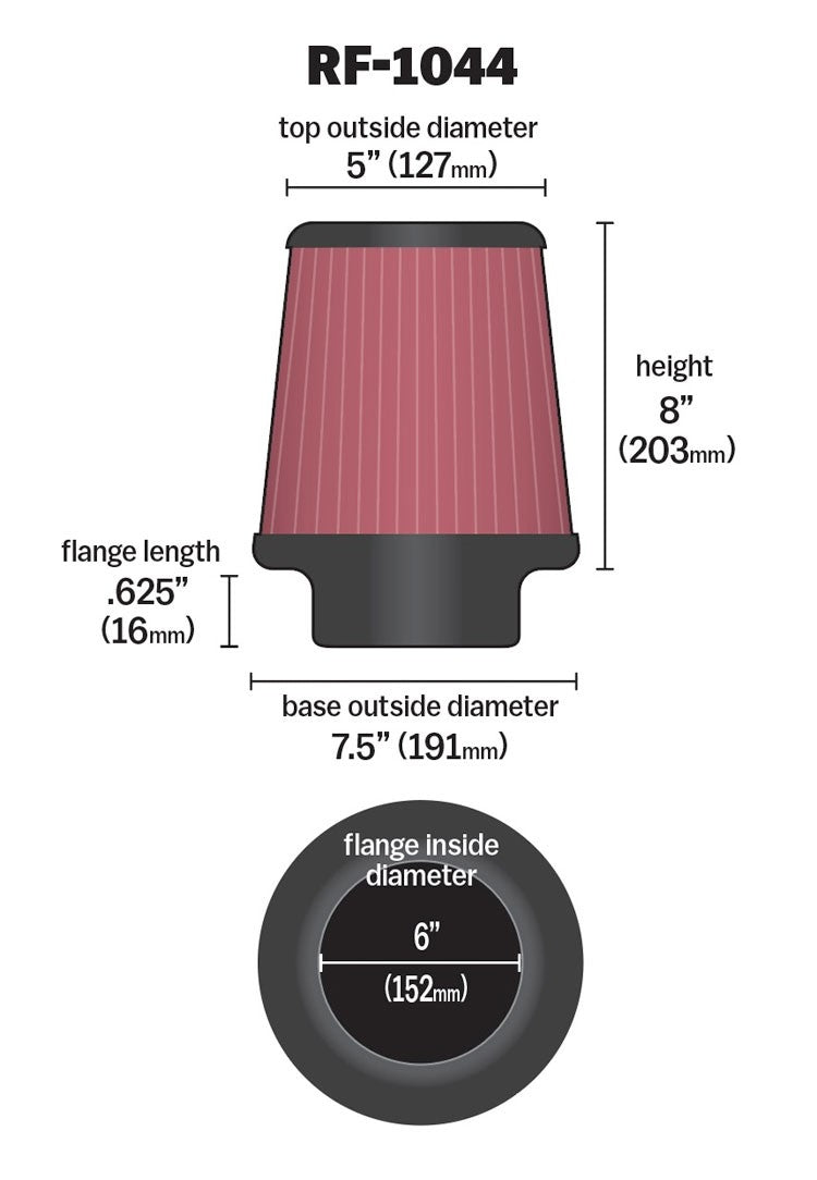 K&N Engineering K&N Round Tapered Universal Air Filter 6 inch Flange 7.5 inch Base 5 inch Top 8 inch Height RF-1044