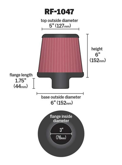 K&N Engineering K&N Round Tapered Universal Air Filter 3 inch Flange 6 inch Base 5 inch Top 6 inch Height RF-1047