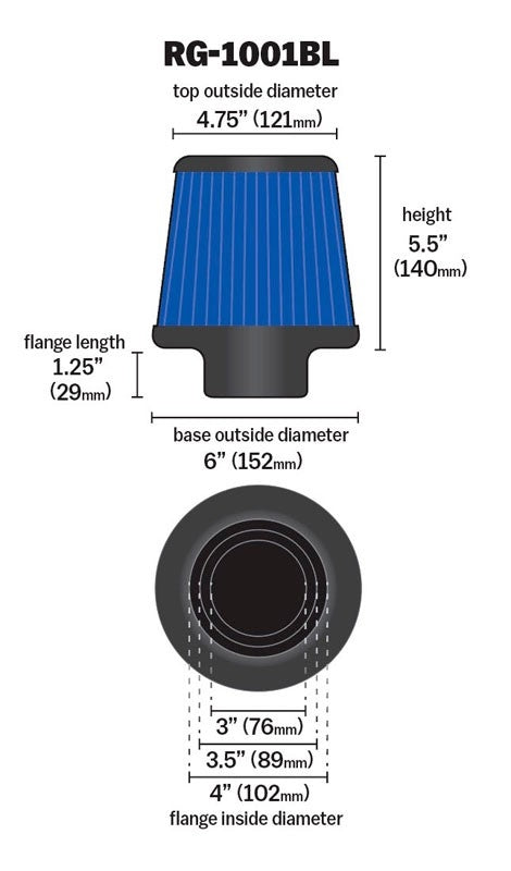 K&N Engineering K&N Universal Air Filter Chrome Round Tapered Blue - 4in Flange ID x 1.125in Flange Length x 5.5in H RG-1001BL