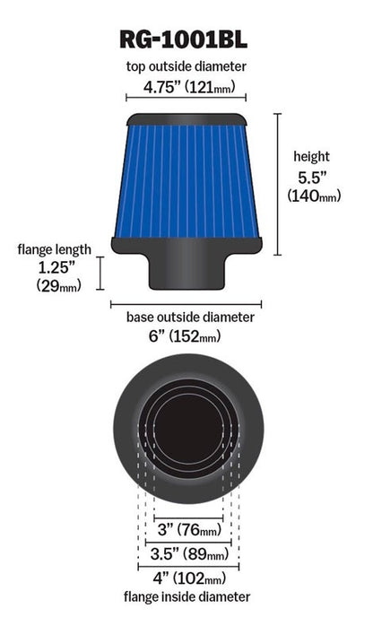 K&N Engineering K&N Universal Air Filter Chrome Round Tapered Blue - 4in Flange ID x 1.125in Flange Length x 5.5in H RG-1001BL