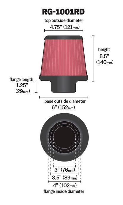 K&N Engineering K&N Universal Air Filter Chrome Round Tapered Red - 4in Flange ID x 1.125in Flange Length x 5.5in H RG-1001RD