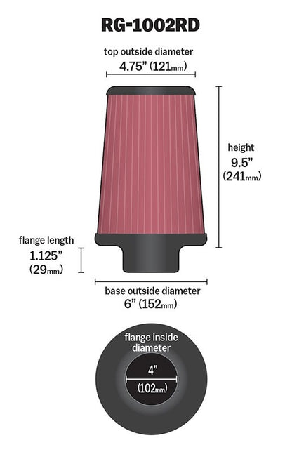 K&N Engineering K&N Universal Air Filter Chrome Round Tapered Red - 4in Flange ID x 1.125in Flange Length x 9.5in H RG-1002RD