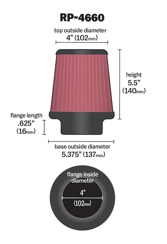 K&N Engineering K&N Universal Air Filter - Round Tapered 4in Flange ID / 5.375in Base OD / 4in Top OD / 5.5in H RP-4660
