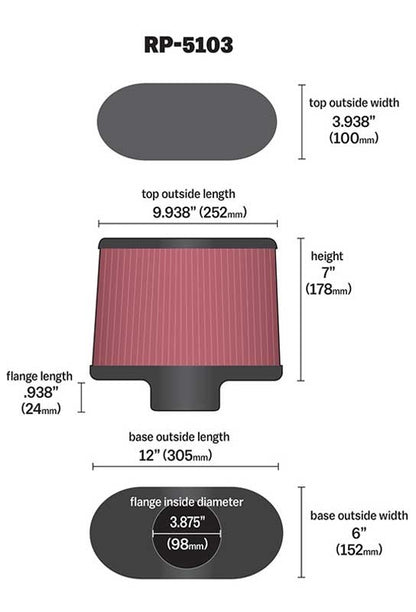 K&N Engineering K&N Universal Filter with Carbon Fiber Top & Base-12in Base O/S Length x 6in Base O/S Width x 7in H RP-5103