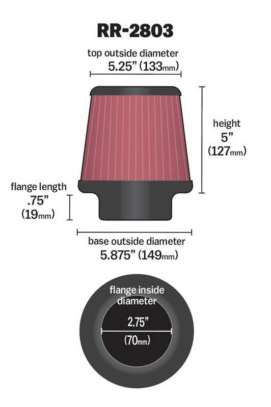 K&N Engineering K&N Filter Round Tapered 5 inch Length 5 1/4 inch Top Diameter 5 7/8 inch Base Diameter Inverted Pol RR-2803