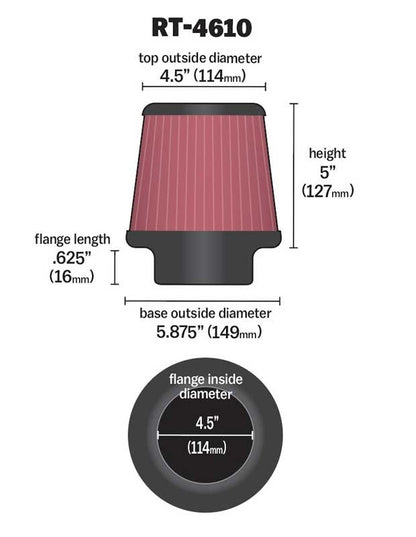 K&N Engineering K&N Universal Air Filter Round Tapered Titanium Top 4.5in Top OD x 5.875in Base OD x 5in H RT-4610