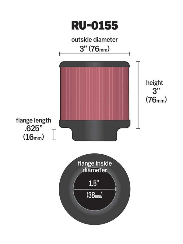 K&N Engineering K&N Filter Universal Rubber Filter - Round Straight - 1.5in Flange ID x 3in OD x 3in Height RU-0155