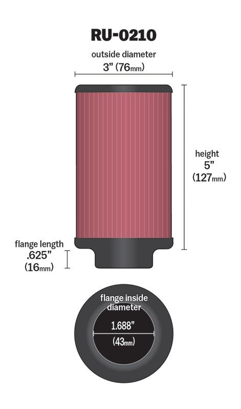 K&N Engineering K&N Filter Universal Rubber Filter 1-11/16in FLG / 3in OD / 5in Height RU-0210